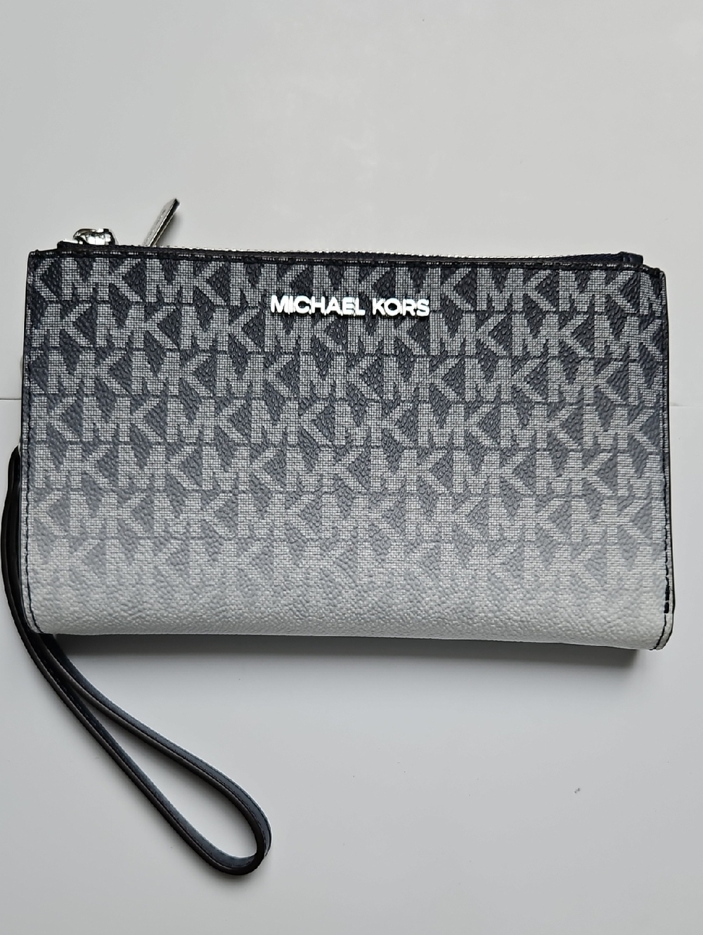 MICHAEL KORS JET SET SIGNATURE LOGO, DOUBLE ZIP WRESTLE WALLET.NAVY OMBRE